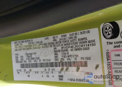 2012 Ford Fiesta Se from USA, damaged, VIN 3FADP4EJXCM114150